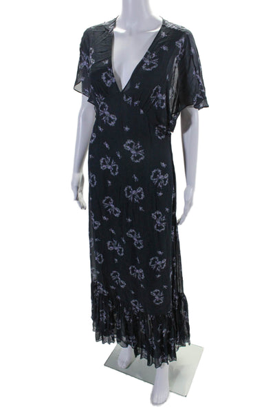 Love Shack Fancy Womens Side Zip Short Sleeve V Neck Midi Dress Navy Size 6