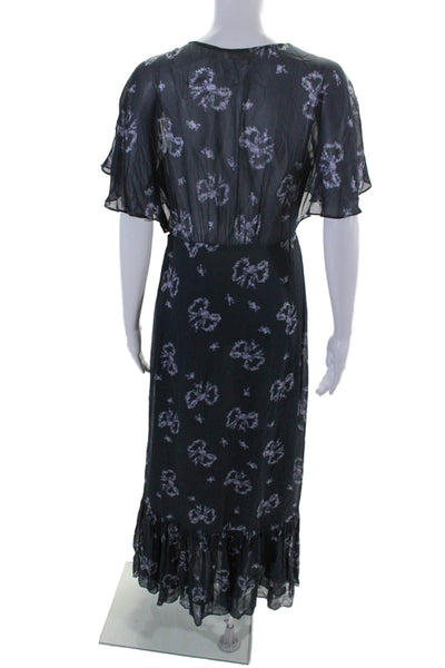 Love Shack Fancy Womens Side Zip Short Sleeve V Neck Midi Dress Navy Size 6