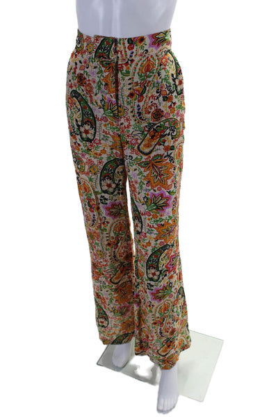 Ba&Sh Womens Zipper Fly High Rise Wide Leg Paisley Pants White Multi Size 4