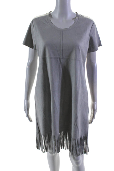 JOH Women's Short Sleeves Fringe Hem Suede A-Line Mini Dress Gray Size S