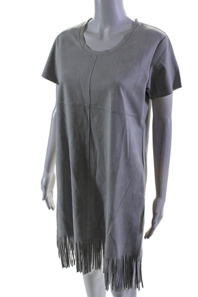 JOH Women's Short Sleeves Fringe Hem Suede A-Line Mini Dress Gray Size S