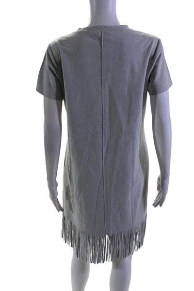 JOH Women's Short Sleeves Fringe Hem Suede A-Line Mini Dress Gray Size S