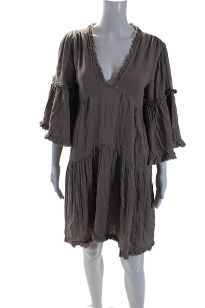 LIDO Womens Short Sleeves V Neck A Line Dress Brown Cotton Size One Size