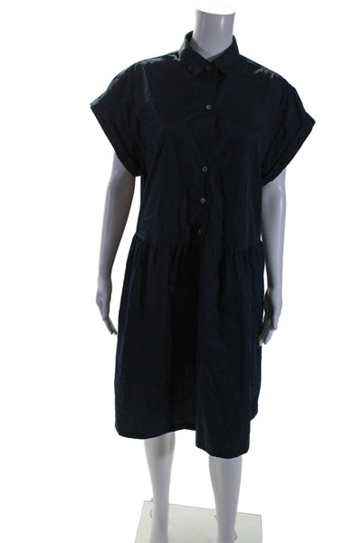 0039 Italy Womens Short Sleeves A Line Dress Navy Blue Cotton Size Medium