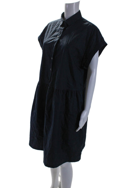 0039 Italy Womens Short Sleeves A Line Dress Navy Blue Cotton Size Medium