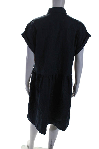 0039 Italy Womens Short Sleeves A Line Dress Navy Blue Cotton Size Medium