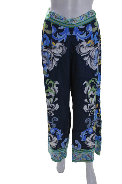 Ranna Gill Womens High Rise Straight Leg Abstract Satin Pants Navy Multi Small