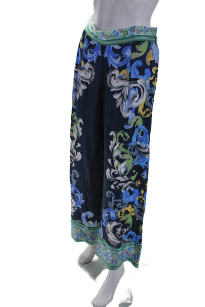 Ranna Gill Womens High Rise Straight Leg Abstract Satin Pants Navy Multi Small