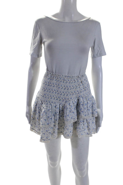 Love Shack Fancy Womens Smocked Floral Tiered Mini Skirt White Size Small