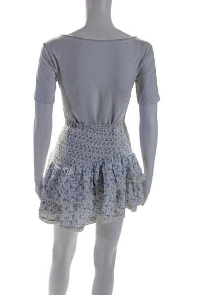 Love Shack Fancy Womens Smocked Floral Tiered Mini Skirt White Size Small