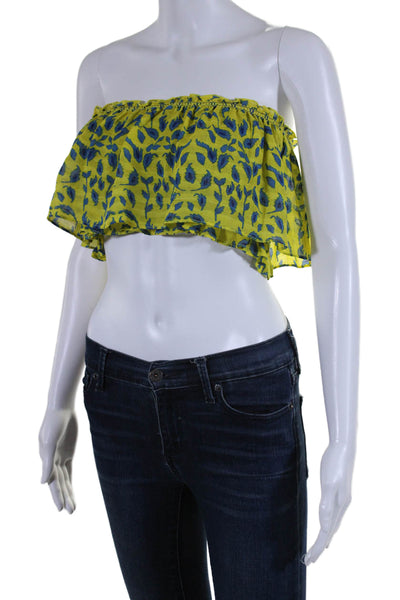 Tanya Taylor Womens Strapless Smocked Floral Silk Crop Top Yellow Blue Size 2