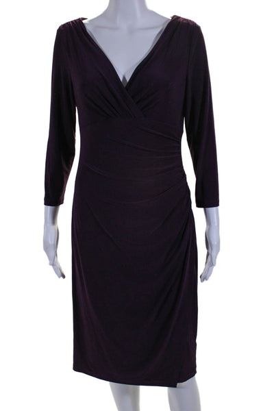 Lauren Ralph Lauren Womens Stretch Ruched V-Neck Long Sleeve Dress Purple Size 6