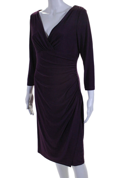 Lauren Ralph Lauren Womens Stretch Ruched V-Neck Long Sleeve Dress Purple Size 6