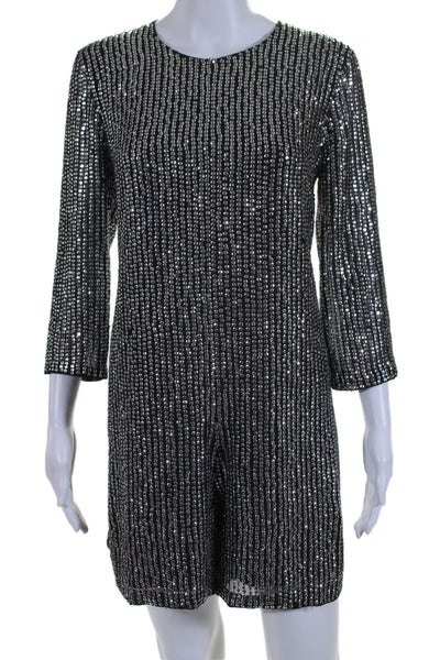 French Connection Womens Metallic Sequin Long Sleeve Zip Up Dress Silver Size 6