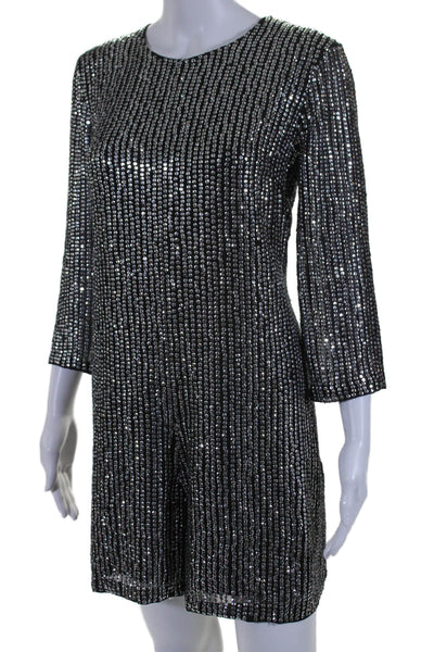 French Connection Womens Metallic Sequin Long Sleeve Zip Up Dress Silver Size 6