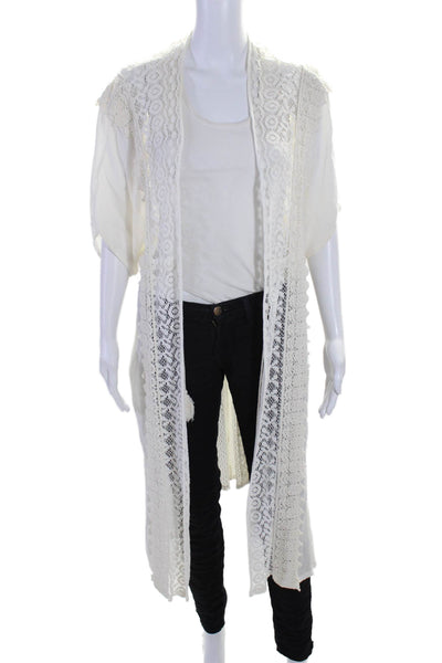 Sur La Plage Womens Embroidered Floral Trimmed Tied Open Cardigan White Size L