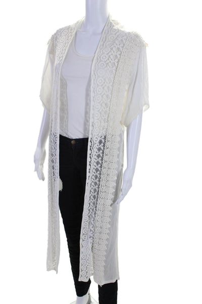 Sur La Plage Womens Embroidered Floral Trimmed Tied Open Cardigan White Size L