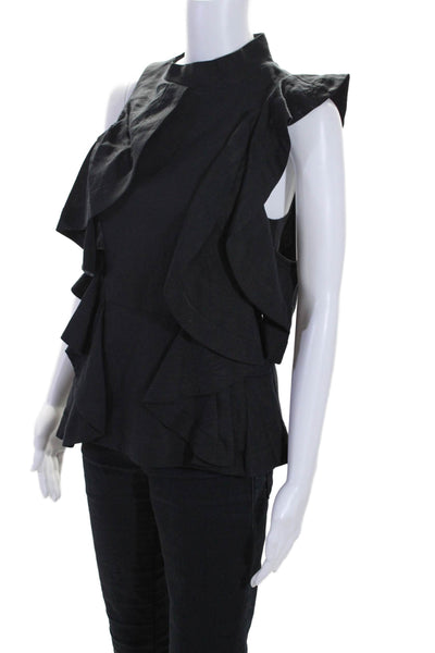 Acler Womens Linen Round Neck Sleeveless Ruffled Zipped Blouse Black Size 2