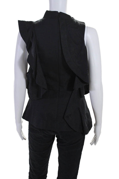 Acler Womens Linen Round Neck Sleeveless Ruffled Zipped Blouse Black Size 2