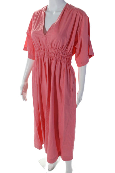 Momoni Womens Cotton V-Neck Ruched Short Sleeve Maxi Dress Pink Size EUR 44