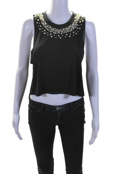 Millau Womens Black Cotton Faux Pearls Crew Neck Sleeveless Tank Top Size XS