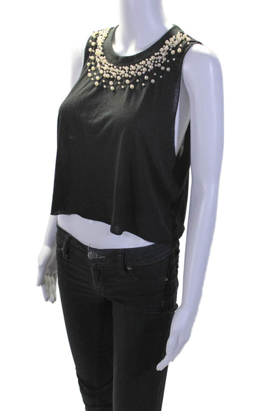 Millau Womens Black Cotton Faux Pearls Crew Neck Sleeveless Tank Top Size XS