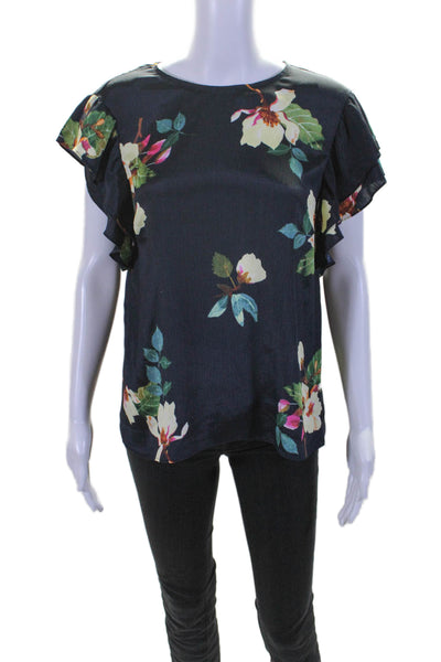 Rachel Rachel Roy Womens Navy Floral Print Crew Neck Ruffle Blouse Top Size S