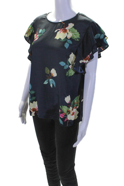 Rachel Rachel Roy Womens Navy Floral Print Crew Neck Ruffle Blouse Top Size S