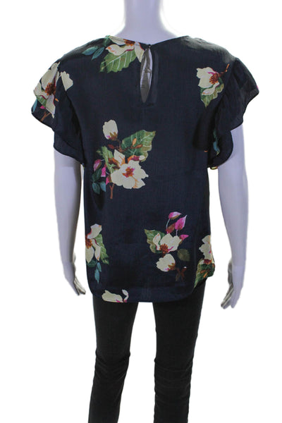 Rachel Rachel Roy Womens Navy Floral Print Crew Neck Ruffle Blouse Top Size S