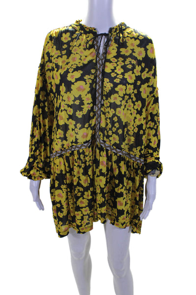 Free People Womens Floral Print Long Sleeve Button Up Mini Dress Yellow Size XS