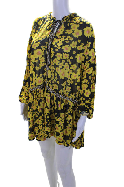 Free People Womens Floral Print Long Sleeve Button Up Mini Dress Yellow Size XS