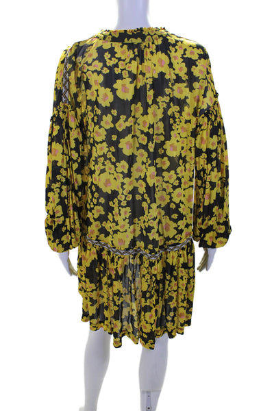 Free People Womens Floral Print Long Sleeve Button Up Mini Dress Yellow Size XS