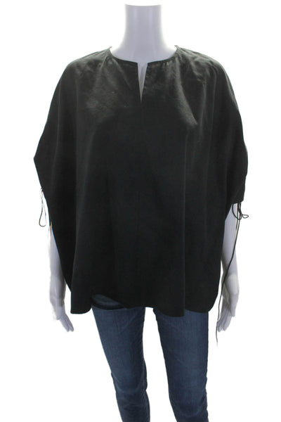 Cynthia Rowley Womens Woven Trim Lace Up V Neck Blouse Black Cotton Size Medium