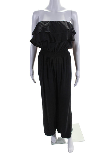 Jay Godfrey Womens Silk Ruffled Sleeveless Ruched Slip-On Jumpsuit Black Size 4