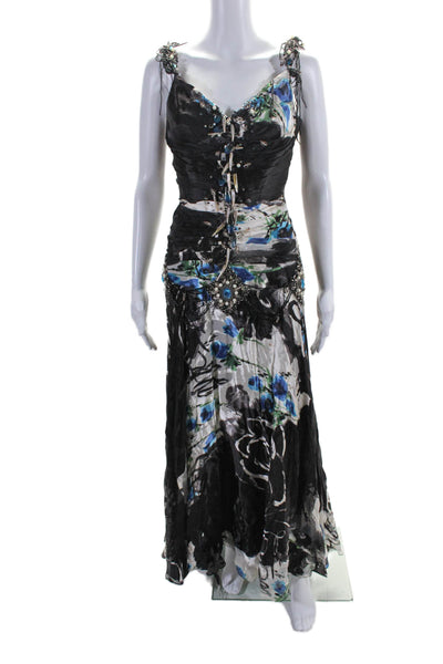 Alberto Makali Womens Silk Abstract Print Embroider Beaded Zip Gown Black Size 4