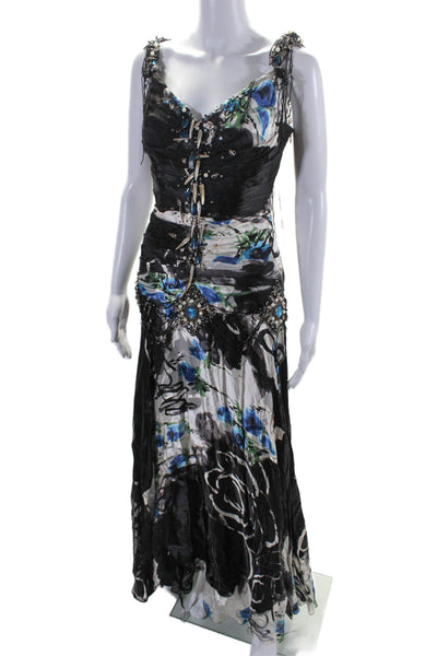 Alberto Makali Womens Silk Abstract Print Embroider Beaded Zip Gown Black Size 4