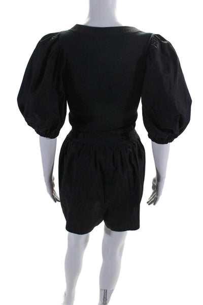 Ulla Johnson Womens Round Neck Snapped Buttoned Puff Sleeve Romper Black Size S