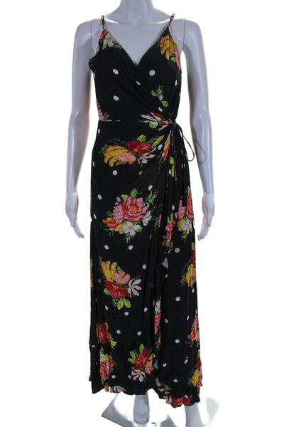 Farm Rio Womens Floral Print V Neck Sleeveless Wrap Dress Black Size XS