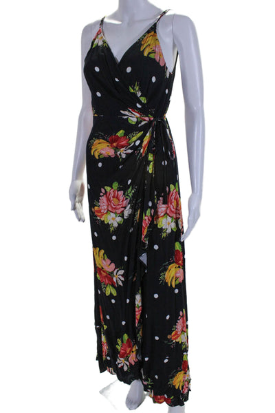 Farm Rio Womens Floral Print V Neck Sleeveless Wrap Dress Black Size XS