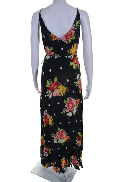 Farm Rio Womens Floral Print V Neck Sleeveless Wrap Dress Black Size XS