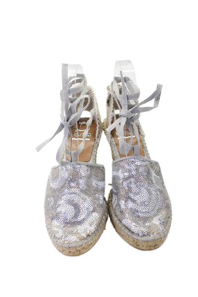 Kanna Womens Sequined Lace Up Wedge Espadrille Sandals Silver Size 37 7