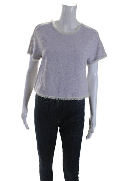 Rebecca Taylor Womens Short Sleeve Fringe Knit Top Lilac White Cotton Size 2