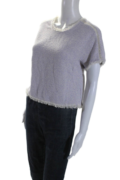 Rebecca Taylor Womens Short Sleeve Fringe Knit Top Lilac White Cotton Size 2