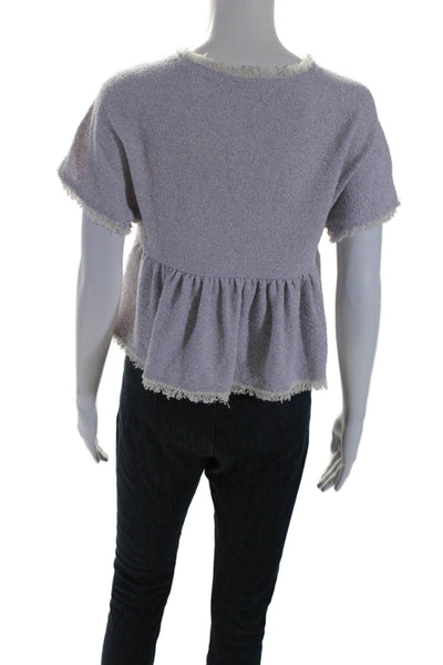 Rebecca Taylor Womens Short Sleeve Fringe Knit Top Lilac White Cotton Size 2