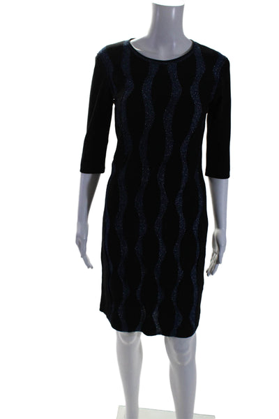 Reiss Womens Metallic Knit Crewneck Half Sleeve Sheath Dress Black Blue Size 6