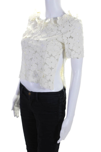 Opening Ceremony Womens Floral Embroidered Zipped Short Sleeve Top White Size S