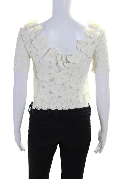 Opening Ceremony Womens Floral Embroidered Zipped Short Sleeve Top White Size S