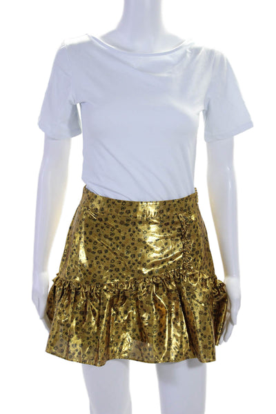 Love Shack Fancy Womens Metallic Animal Print Ruffled Hem Zip Skirt Gold Size 4