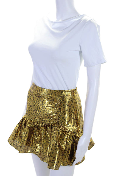 Love Shack Fancy Womens Metallic Animal Print Ruffled Hem Zip Skirt Gold Size 4