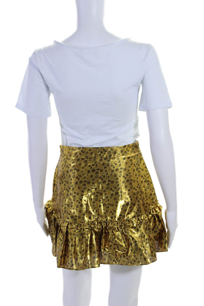 Love Shack Fancy Womens Metallic Animal Print Ruffled Hem Zip Skirt Gold Size 4